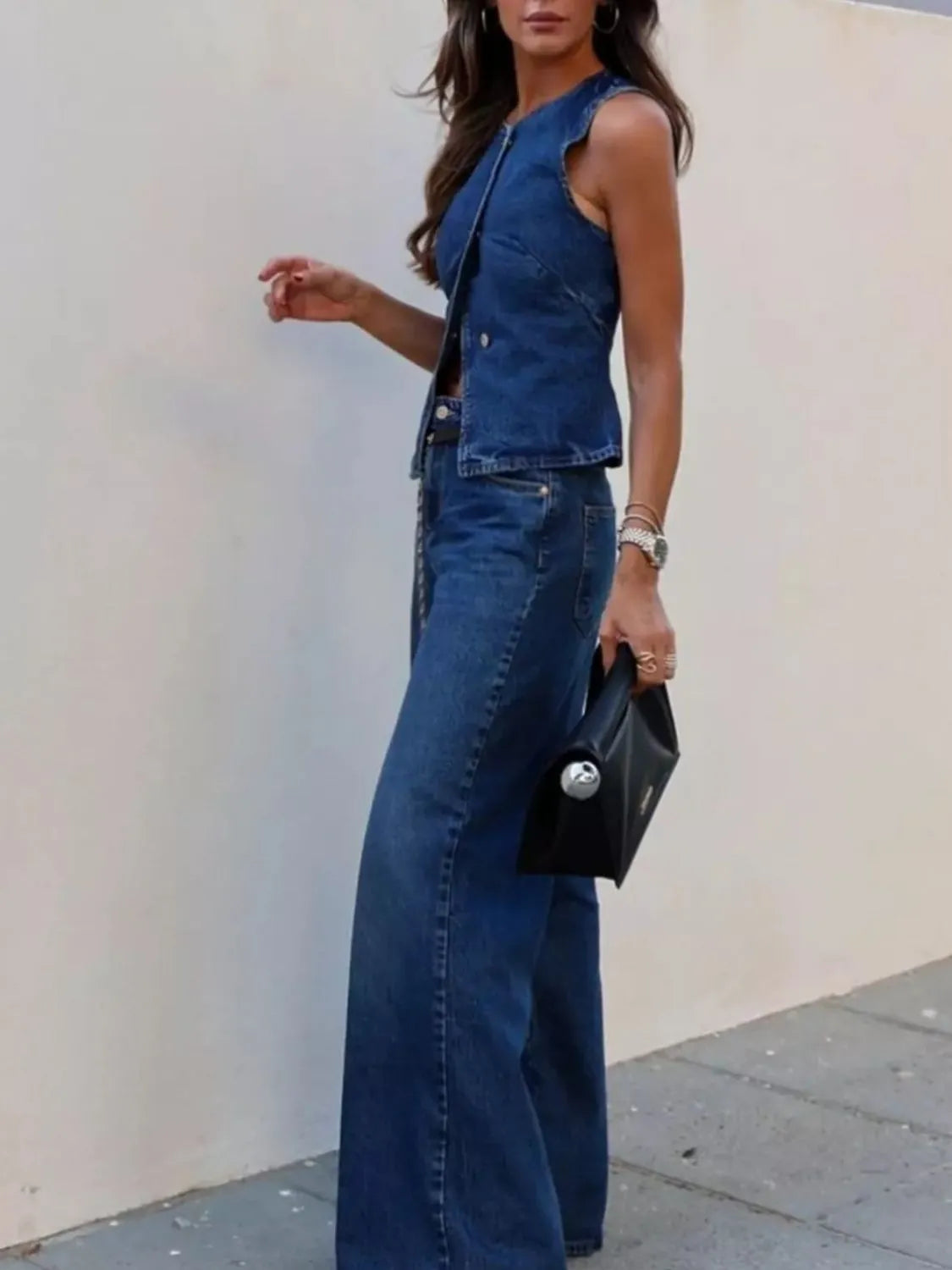 Button Down Vest and Flare Jeans Denim Set Jeans Luxurious Weddings