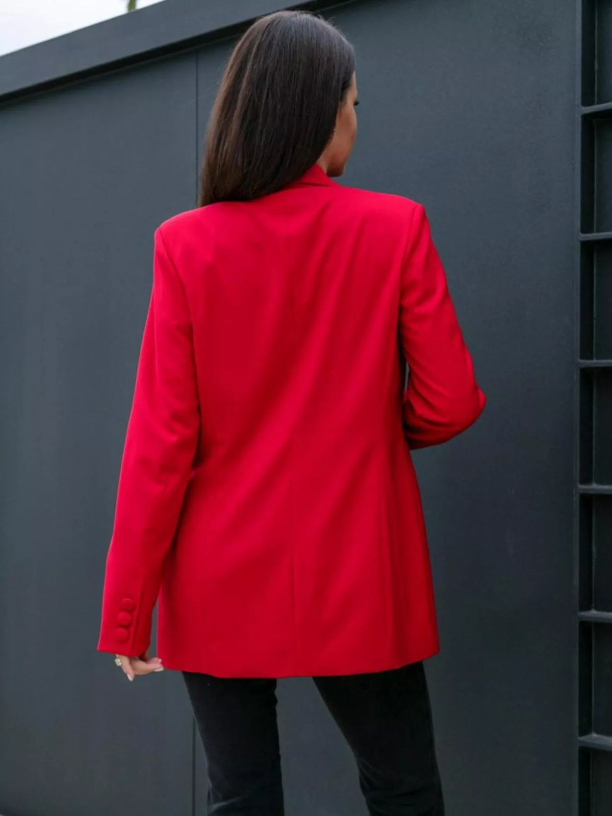 Rear view of a red Lapel Collar Long Sleeve Blazer, showcasing a tailored look for luxurious weddings.
