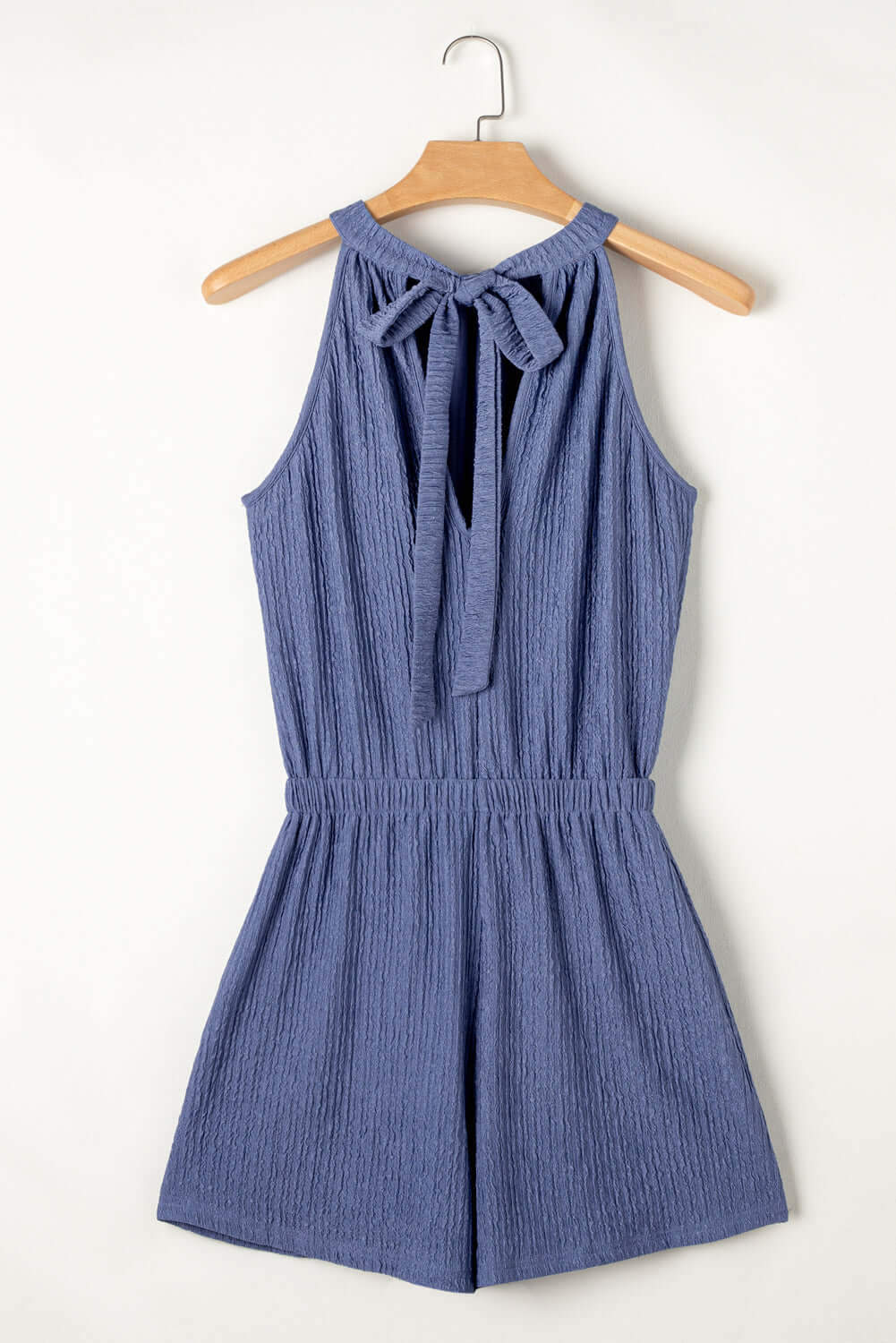 Bluing Knot Back High Neck Crinkle Textured Romper Bottoms/Jumpsuits & Rompers Luxurious Weddings