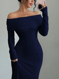 Off-shoulder long sleeve bodycon maxi dress in navy, perfect for luxurious weddings and special occasions.