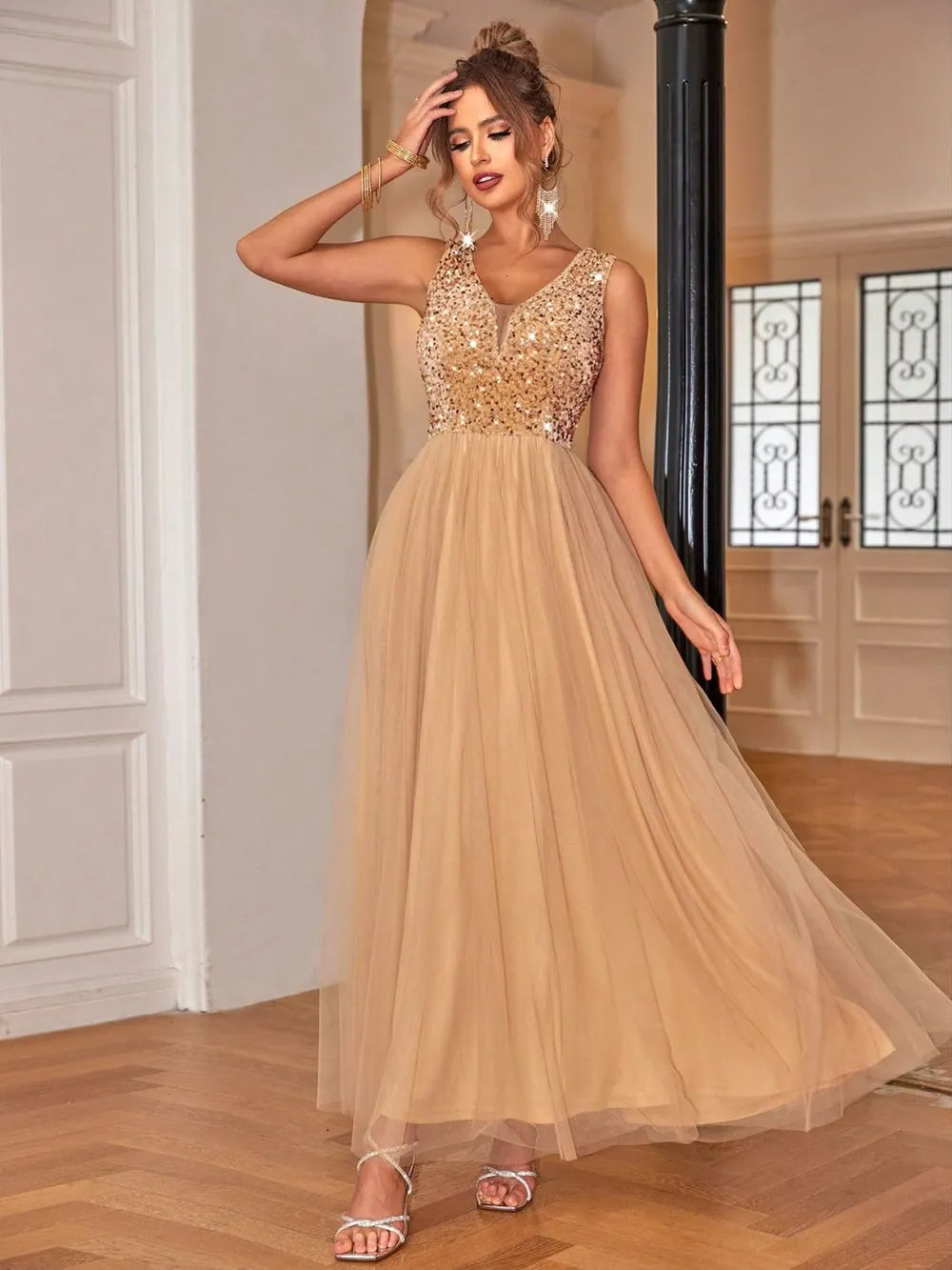 Sequin V-Neck Sleeveless Dress sequin dress Luxurious Weddings