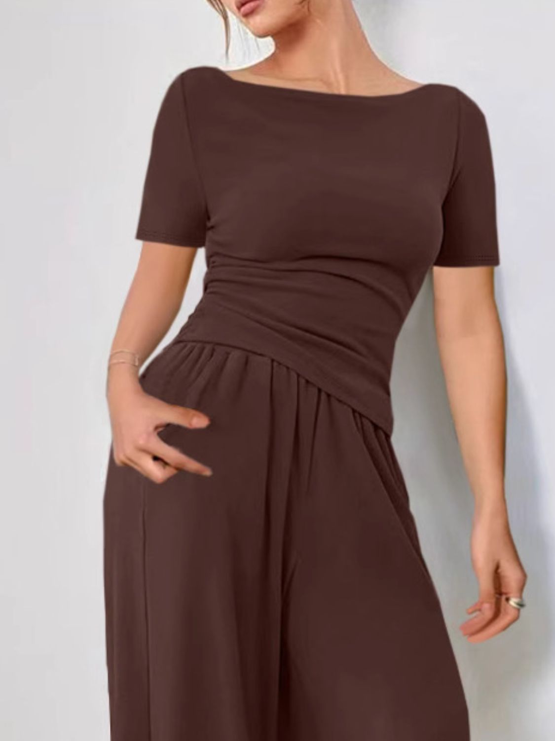 Round Neck Short Sleeve T-Shirt and Pants Set Matching Sets Luxurious Weddings