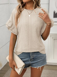 Eyelet Round Neck Flounce Sleeve Top Blouses Luxurious Weddings