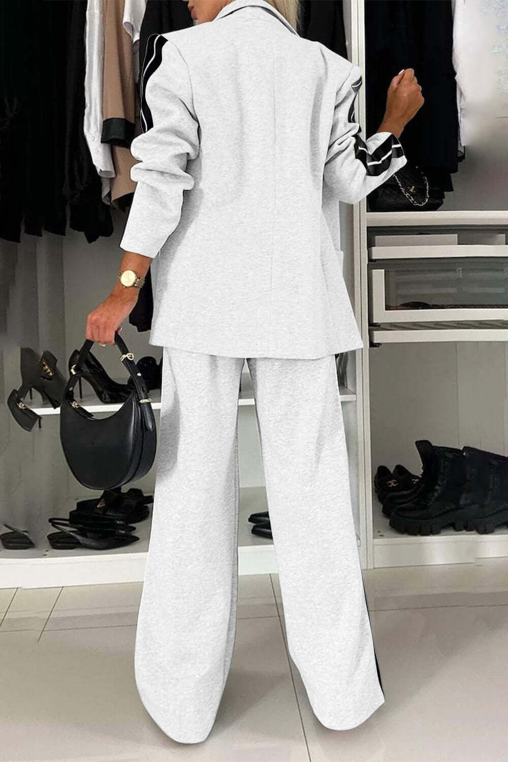 Full Size Contrast Lapel Collar Top and Pants Set Matching Sets Luxurious Weddings