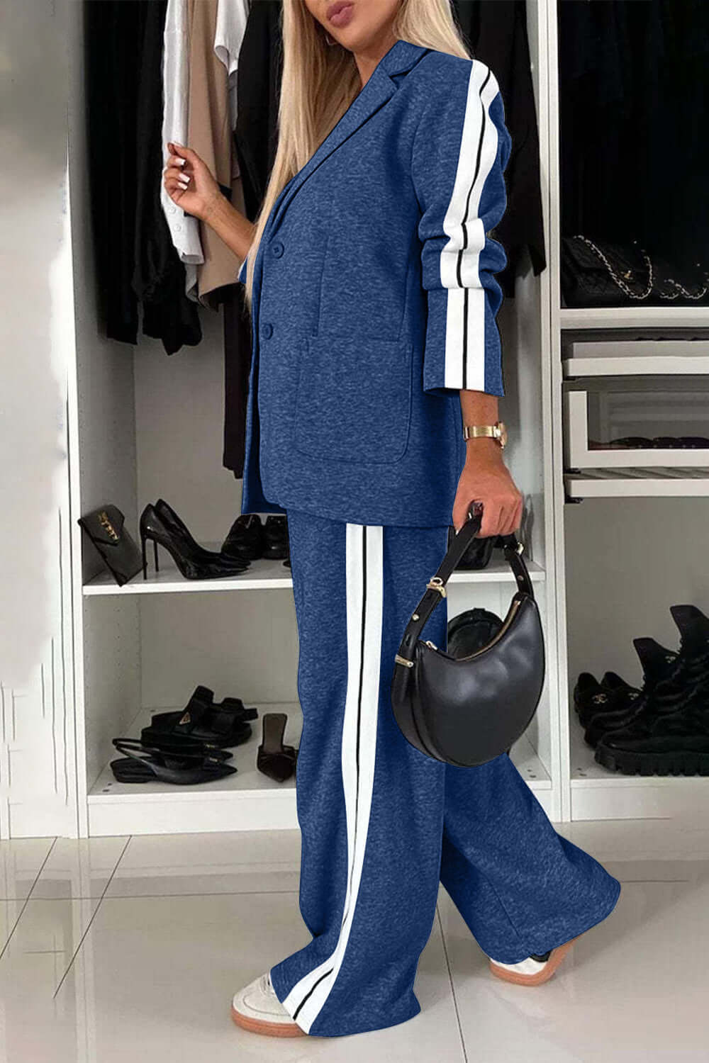 Full Size Contrast Lapel Collar Top and Pants Set Matching Sets Luxurious Weddings