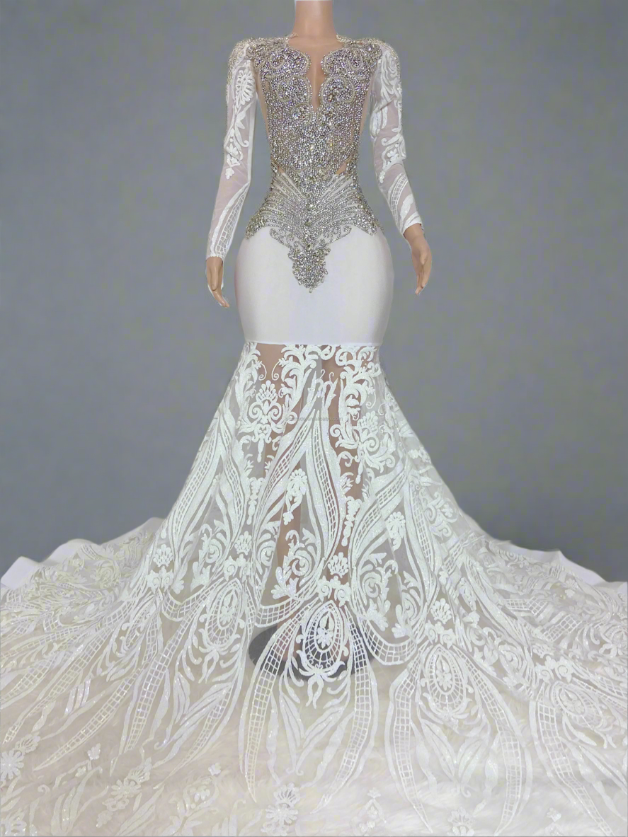 White Sequin Silver Rhinestone Prom Dress