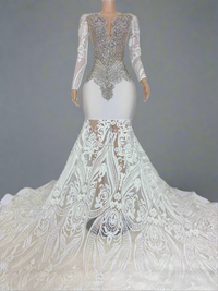 White Sequin Silver Rhinestone Prom Dress