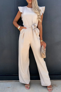 Round neck cap sleeve jumpsuit in beige with tied waist detail, perfect for casual or formal occasions.
