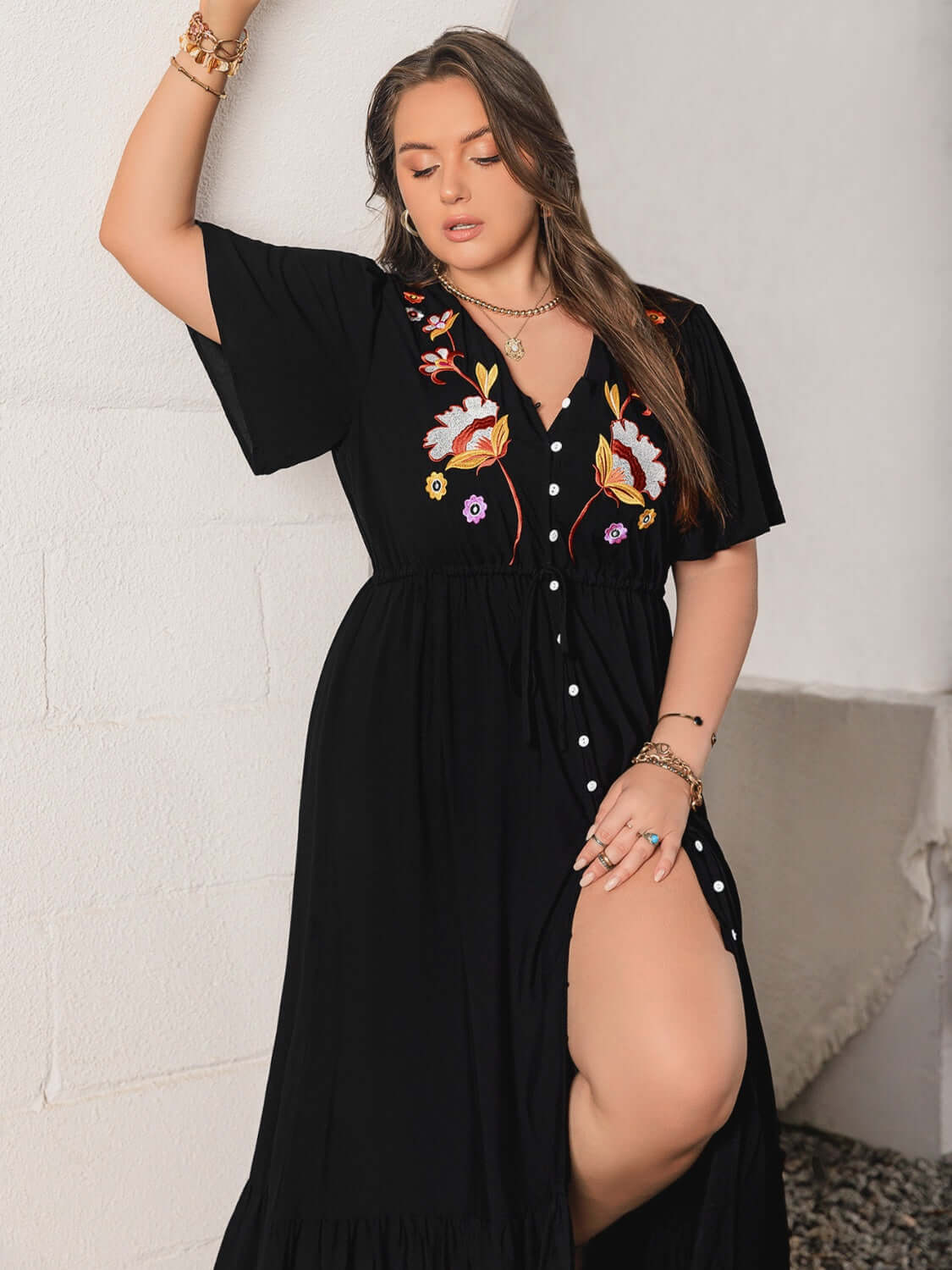 Plus Size Embroidered V-Neck Flutter Sleeve Maxi Dress Dresses Luxurious Weddings