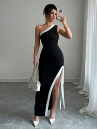 Slit Contrast Trim One-Shoulder Dress Maxi dress Luxurious Weddings