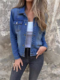 Full size button front long sleeve denim jacket for women in blue, styled with a white top and black jeans.