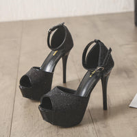 Stiletto high heels Peep toe - Black Glitter Heels Luxurious Weddings