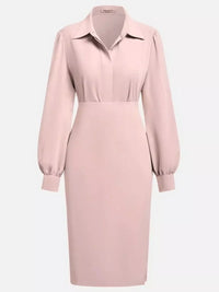 Ruched Midi Shirt Dress with Side Slit in soft pink with long puff sleeves and a fitted body silhouette.