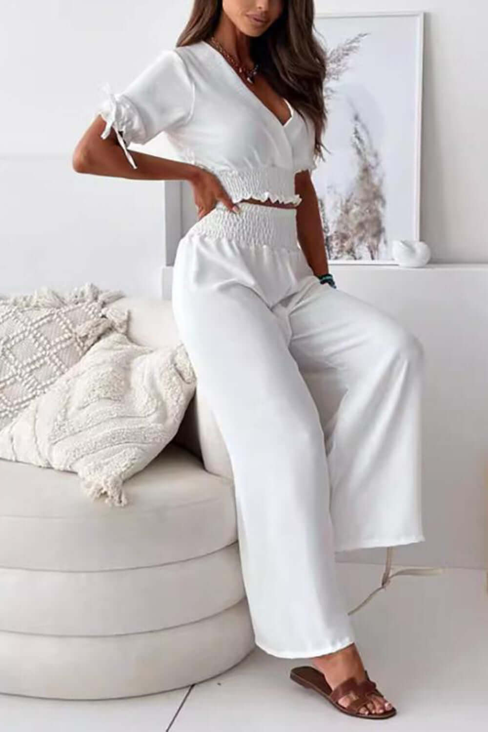 Surplice Short Sleeve Top and Pants Set Matching Sets Luxurious Weddings
