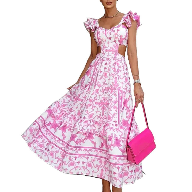 Summer Padded Shoulder Women's Printed Wear Hollow Length Dress Summer Dress Luxurious Weddings