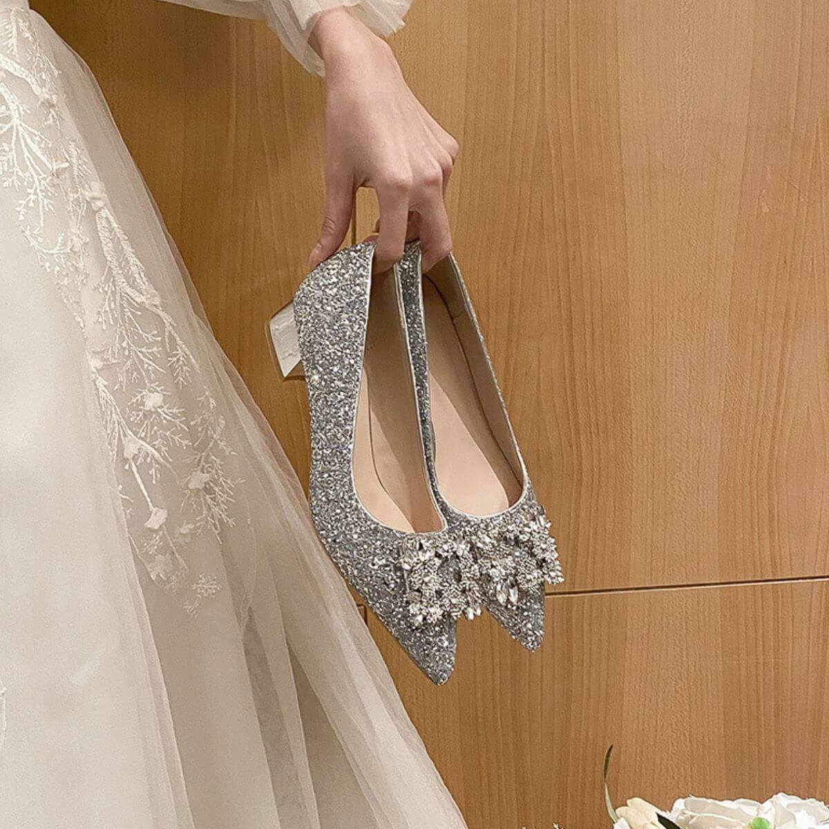 Glitter Point Toe Block Heel Pumps heels Luxurious Weddings