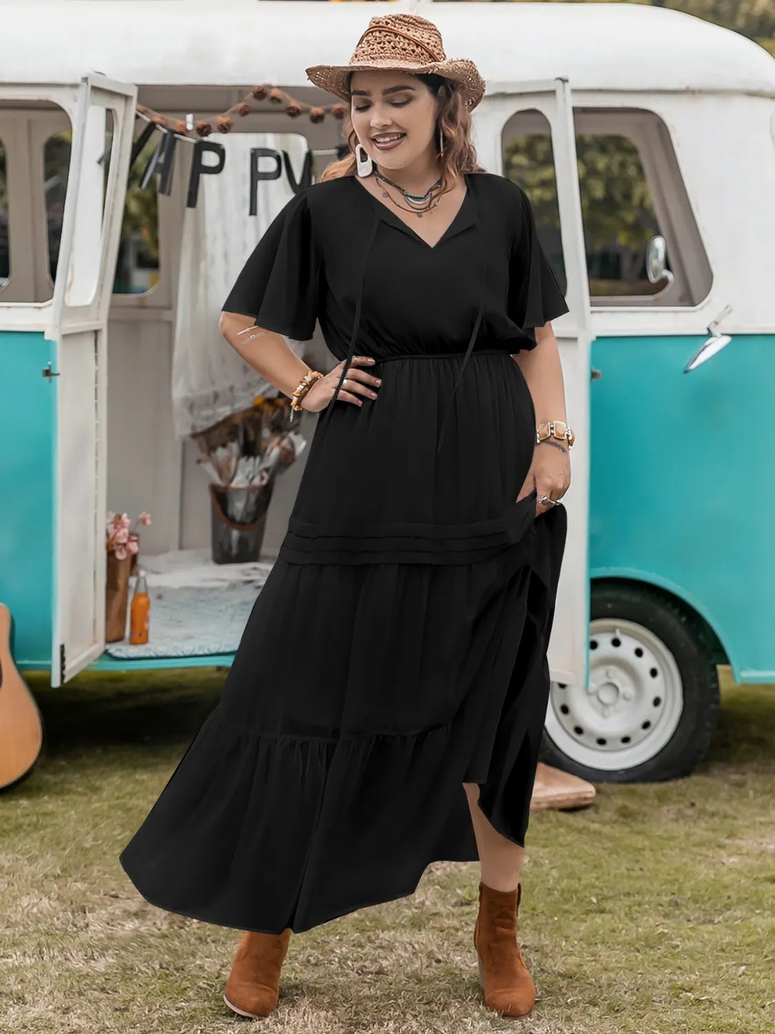 Plus Size Tie Neck Flutter Sleeve Dress Luxurious Weddings