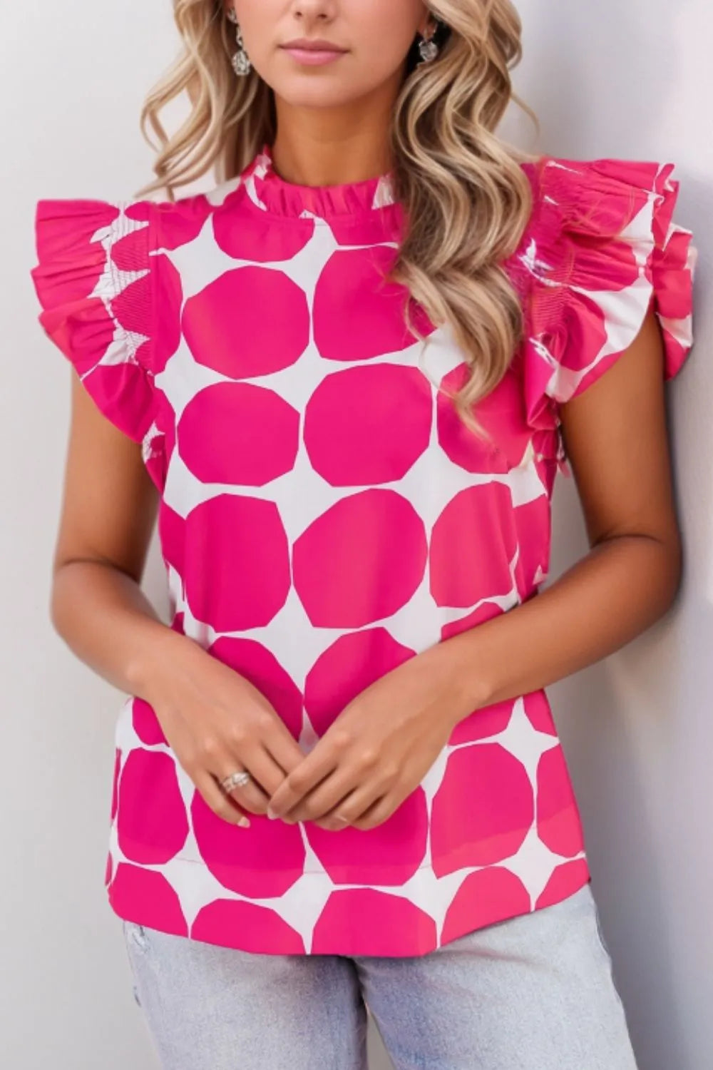 Bubblegum Pattern Frilled Collar Flutter Sleeve Top Blouses Luxurious Weddings