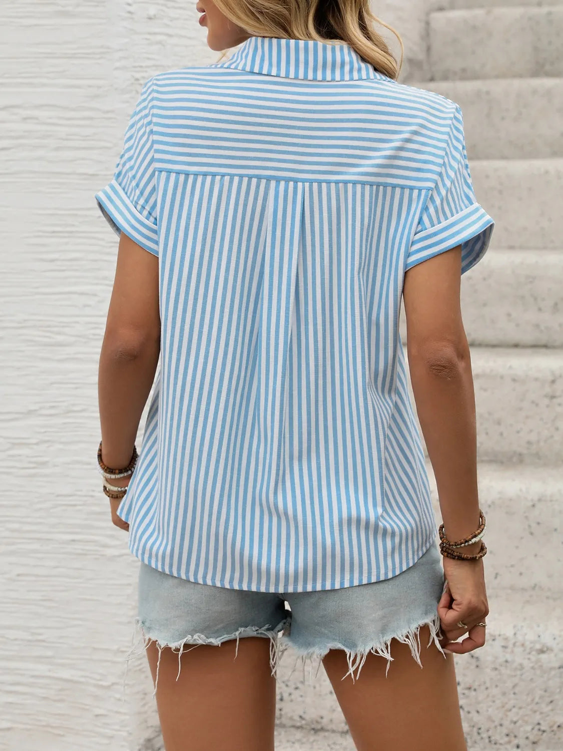 Striped Collared Neck Short Sleeve Shirt Blouse Luxurious Weddings