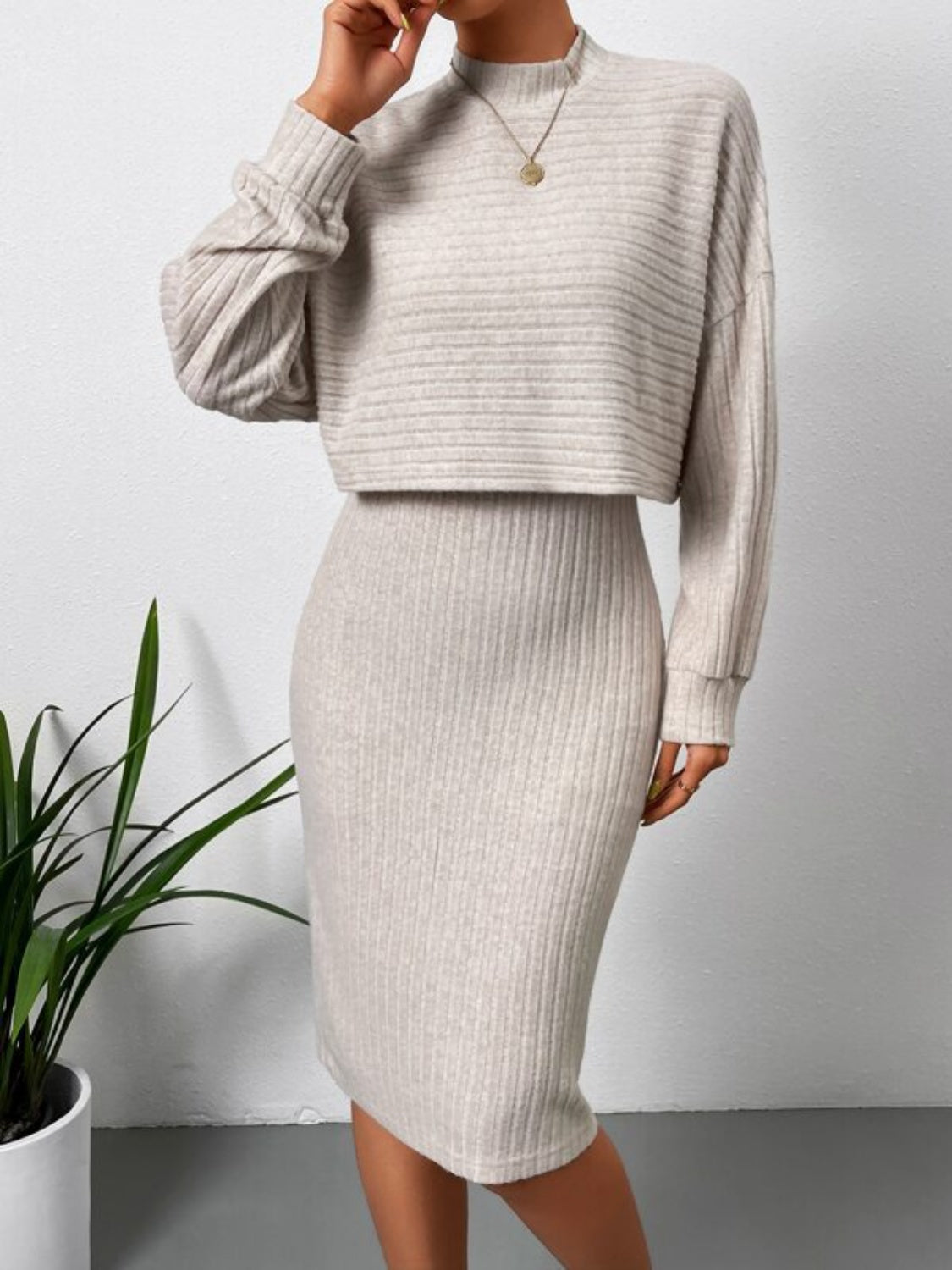Mock Neck Long Sleeve Top and Wide Strap Dress Set Matching Sets Luxurious Weddings
