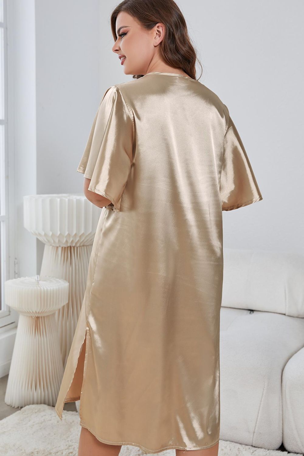 Plus Size Flutter Sleeve V-Neck Side Slit Night Gown Plus size sleep wear Luxurious Weddings