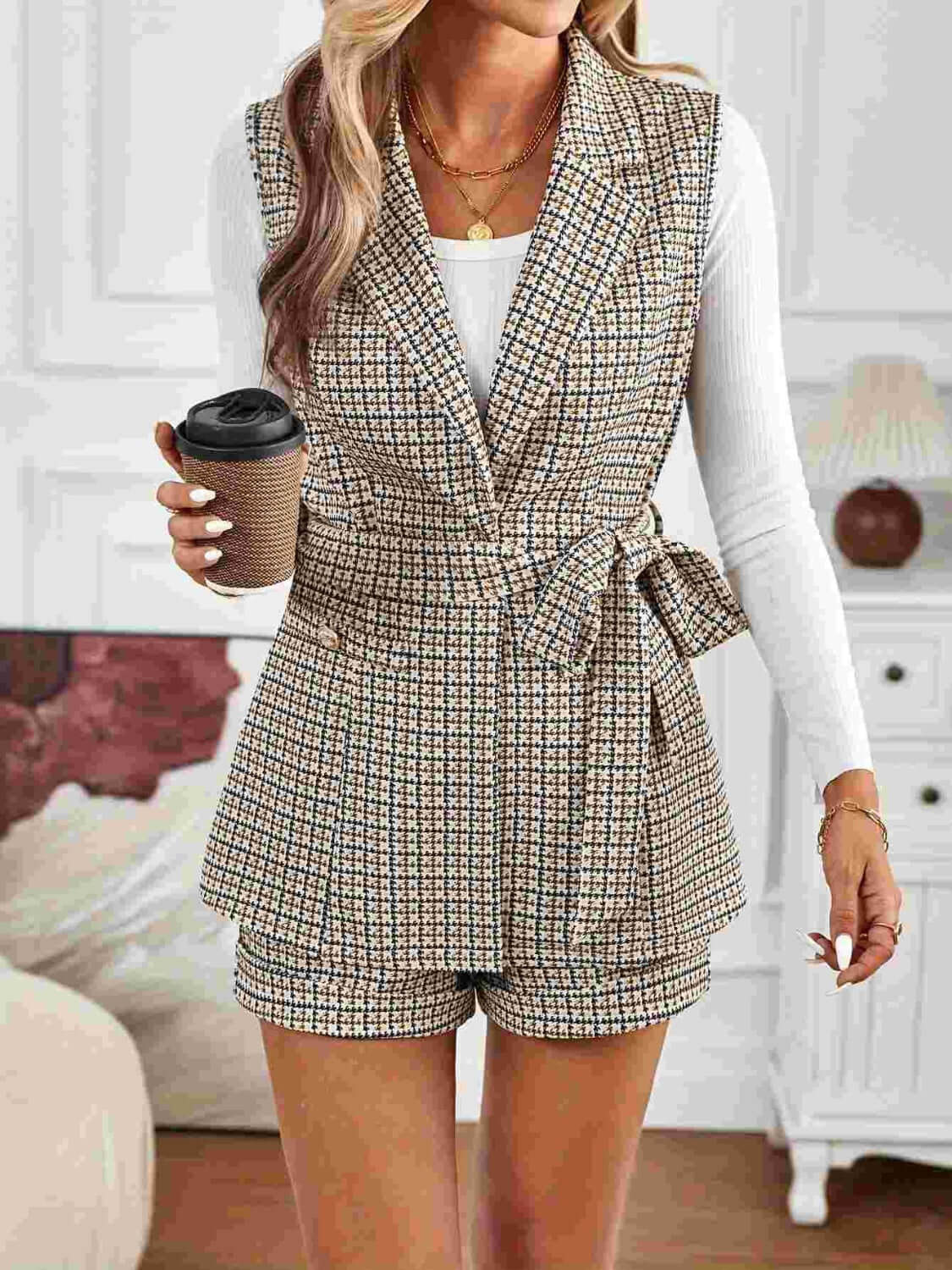 Tied Plaid Collared Neck Vest and Shorts Set Matching Sets Luxurious Weddings