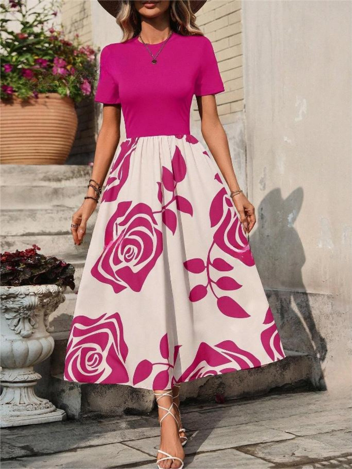 Rose Printed Round Neck Short Sleeve Dress Casual Dress Luxurious Weddings