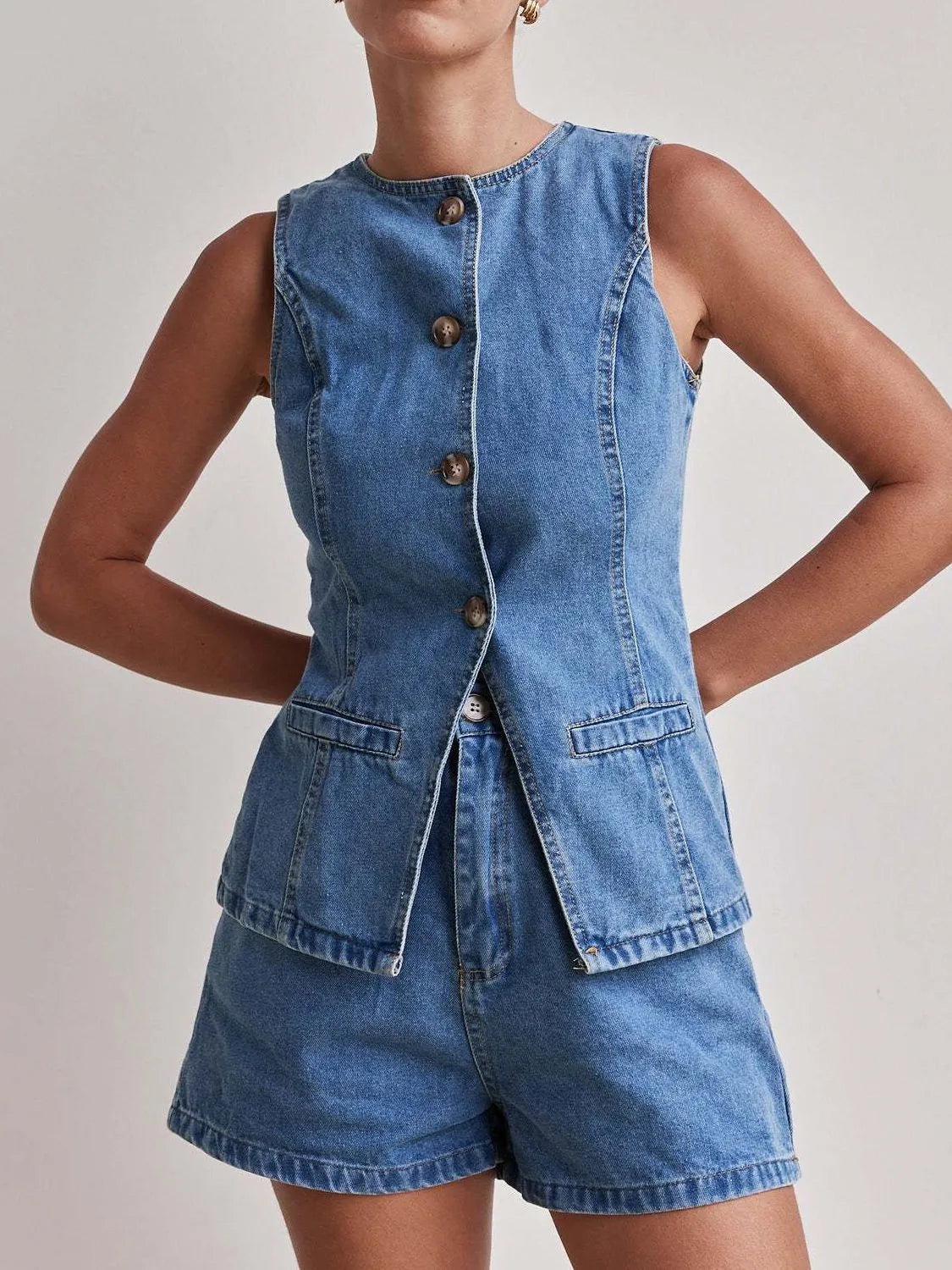 Button Down Vest and Shorts Denim Set Jeans Set Luxurious Weddings