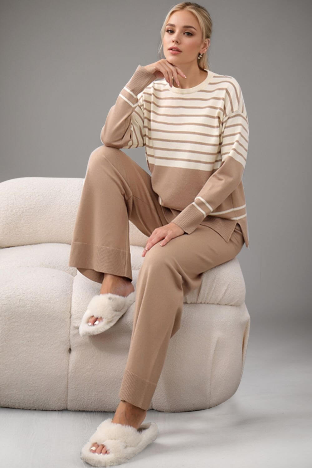 Basic Bae Striped Round Neck Long Sleeve Top and Pants Sweater Set Matching Sets Luxurious Weddings
