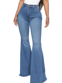 Full size high-waisted raw hem flare jeans in blue, showcasing a stylish fit for plus sizes.