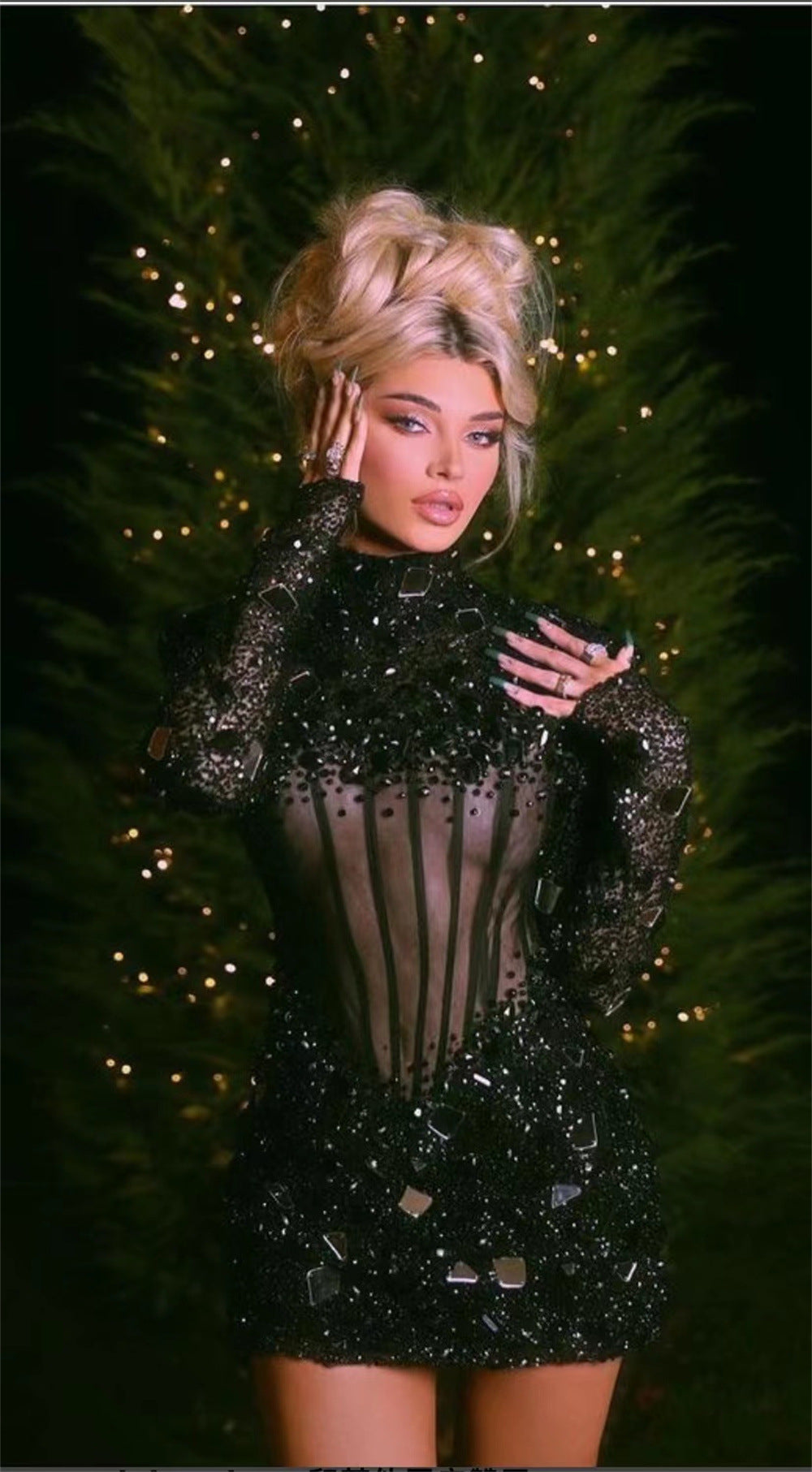 Black Long Sleeve Bandage Dress Sequin Mesh Beaded Banquet Annual Party Dress bandage dress Luxurious Weddings