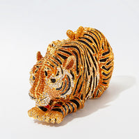 Luxurious tiger clutch bag with sparkling crystals, perfect for sophisticated weddings and evening events.