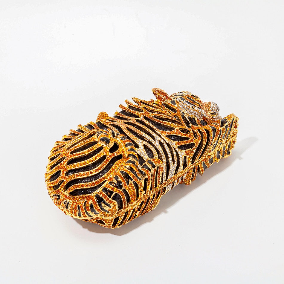 Tiger Crystal Evening Clutch Bag featuring luxurious, intricately designed pattern, perfect for weddings and elegant occasions.