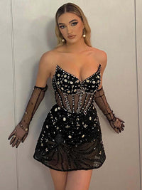 Black Mini Strapless Dress Crystal Design Vestido High Quality Mini Dress Luxurious Weddings