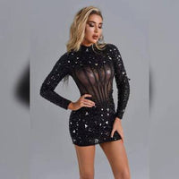 Black Long Sleeve Bandage Dress Sequin Mesh Beaded Banquet Annual Party Dress bandage dress Luxurious Weddings