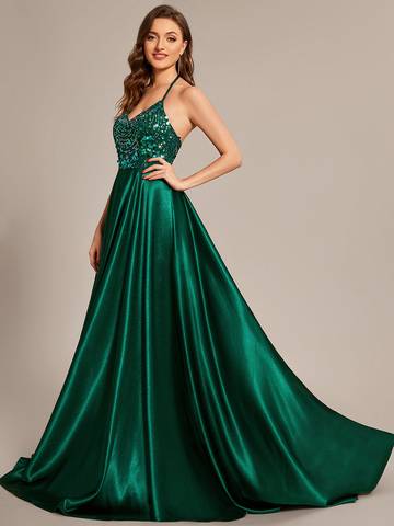 Sleeveless Fit V-Neck A-Line Backless Satin Shiny Custom Evening Dress Evening Dress Luxurious Weddings