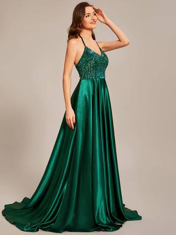 Sleeveless Fit V-Neck A-Line Backless Satin Shiny Custom Evening Dress Evening Dress Luxurious Weddings