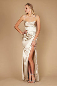 Corset Cowl Satin Prom Dress – Draped Spaghetti Strap Formal Gown with Slit Maxi Dress Luxurious Weddings