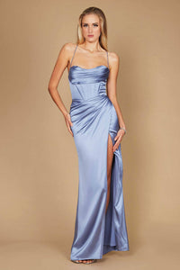 Corset Cowl Satin Prom Dress – Draped Spaghetti Strap Formal Gown with Slit Maxi Dress Luxurious Weddings