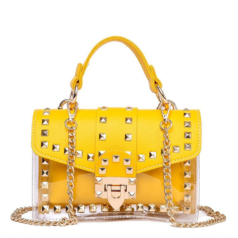 Elegant yellow handbag with studs and chain, perfect for luxurious weddings and stylish outings.