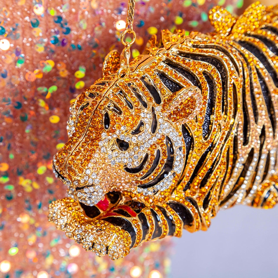 Tiger Crystal Evening Clutch Bag with intricate rhinestone detailing, perfect for luxurious weddings and glamorous occasions.