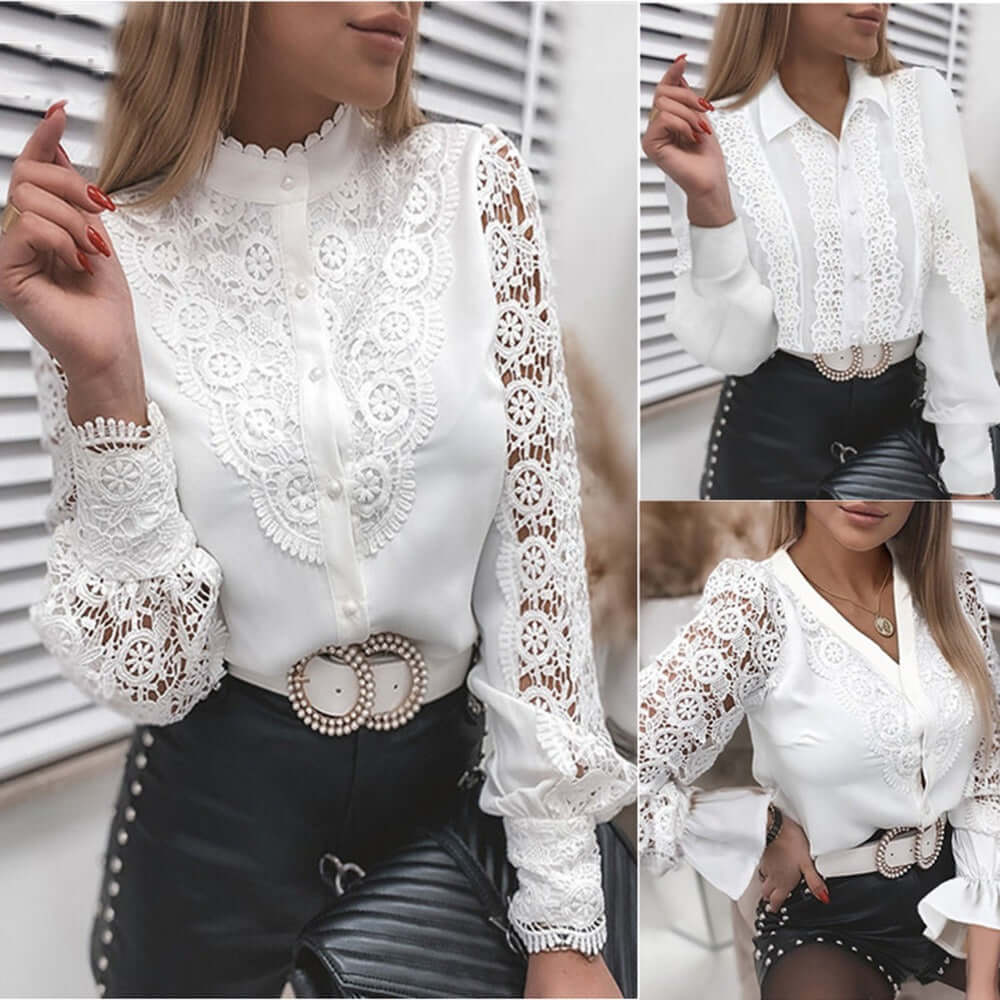 White Lace Long Sleeved V Neck Lace Shirt blouse Luxurious Weddings