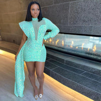 Women's Half Turtleneck Mesh Sequin Tight Hip Evening Dress sequin evening dress Luxurious Weddings