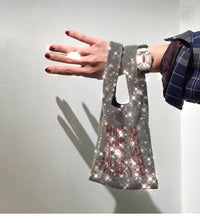 Thank You Crystal Sequins Tote Bag held by hand, ideal for luxurious weddings and fashionable outings.