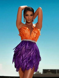 High Waist Feather Crystal Design Mini Dress Feather Dress Luxurious Weddings