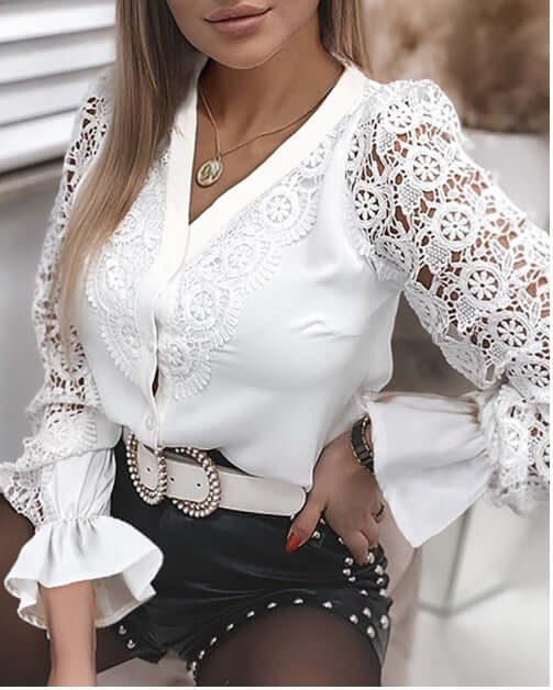 White Lace Long Sleeved V Neck Lace Shirt blouse Luxurious Weddings