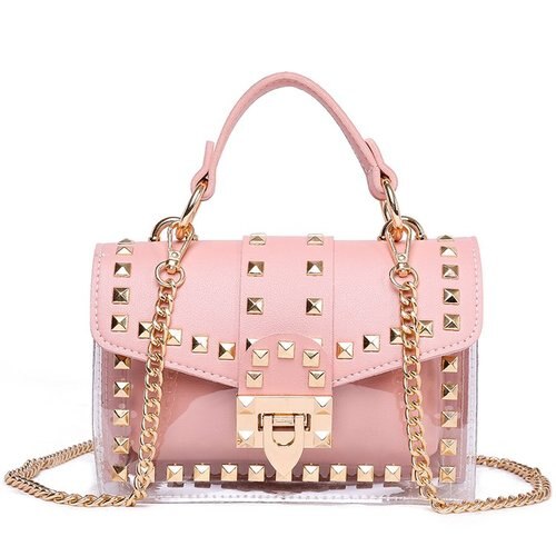 Elegant pink handbag with gold studs and chain strap, perfect for luxurious weddings and chic outings.