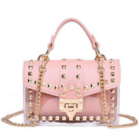 Elegant pink handbag with gold studs and chain strap, perfect for luxurious weddings and chic outings.