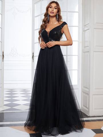 Off Shoulder Tulle & Sequin Sleeveless Evening Dress Dresses Luxurious Weddings