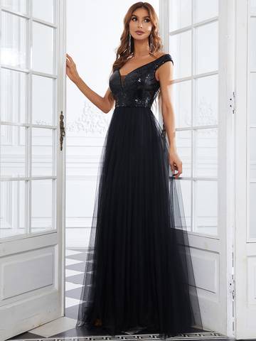 Off Shoulder Tulle & Sequin Sleeveless Evening Dress Dresses Luxurious Weddings
